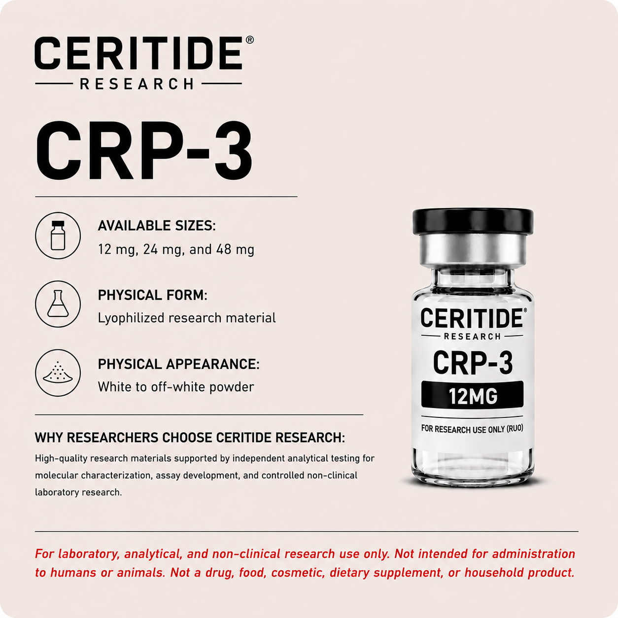CRP-3 research-use-only with available sizes 12 mg, 24 mg, and 48 mg