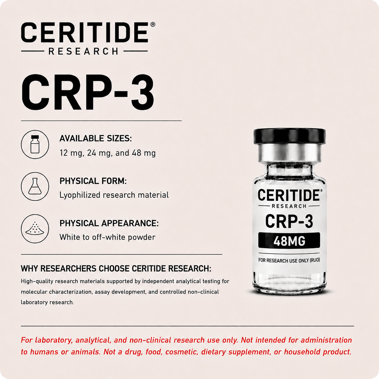 CRP-3 research-use-only with available sizes 12 mg, 24 mg, and 48 mg