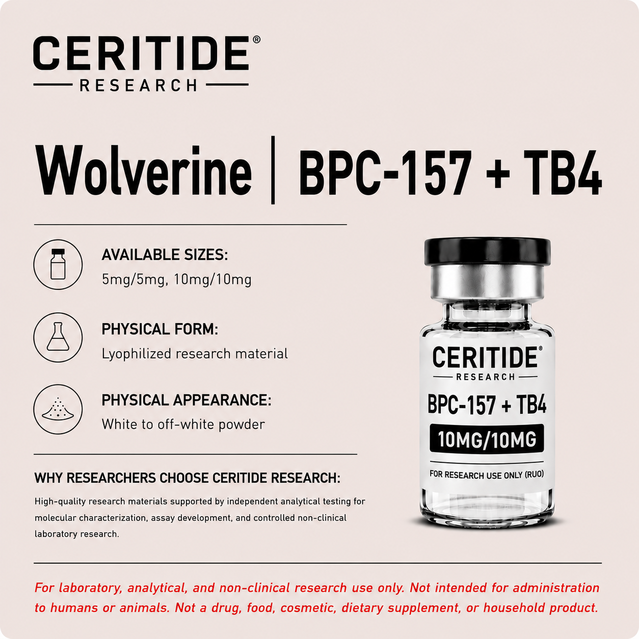 Wolverine | BPC-157 + TB4 research-use-only with available sizes 5mg/5mg, 10mg/10mg.