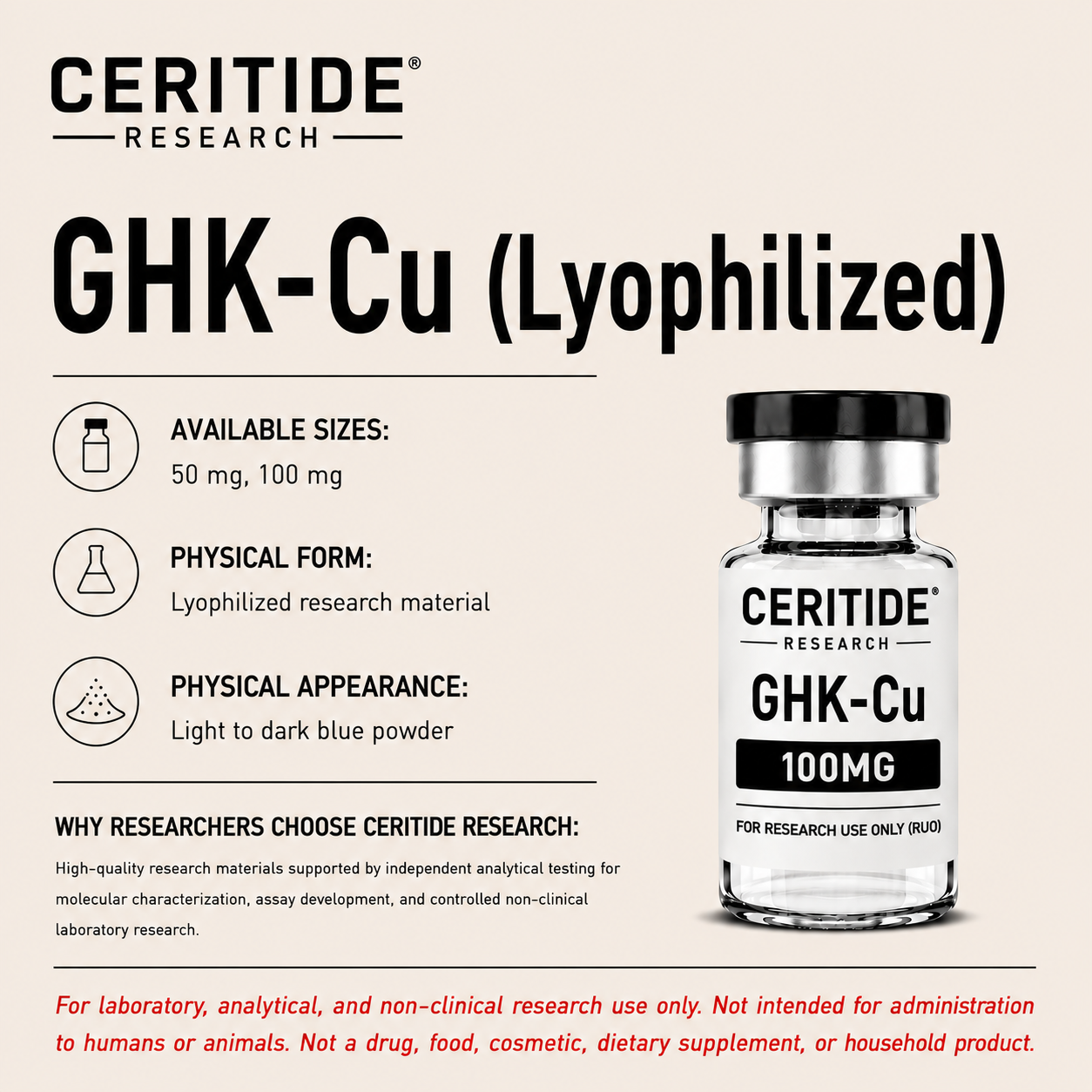 GHK-Cu research-use-only with available size 100 mg.