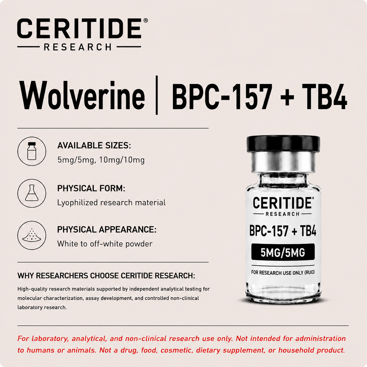 Wolverine | BPC-157 + TB4 research-use-only with available sizes 5mg/5mg, 10mg/10mg.